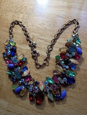 J. Crew Druzy Vintage Statement Necklace Asymmetrical Mixed Gem Melange